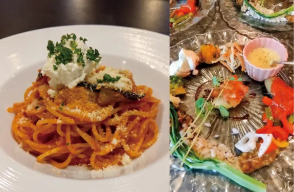 季節の野菜とクリームチーズのトマトソースパスタ（前菜付き）